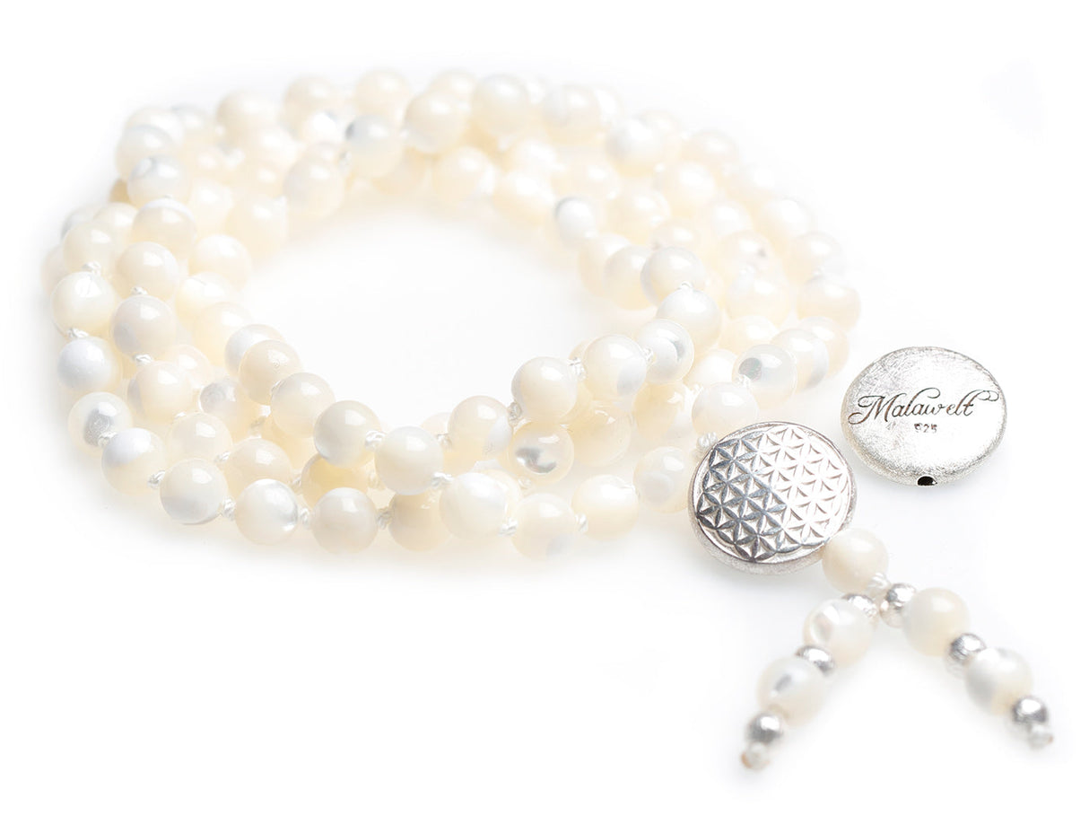 Mala-Kette aus Perlmutt (mit Blume des Lebens silber) - YOGISHOP