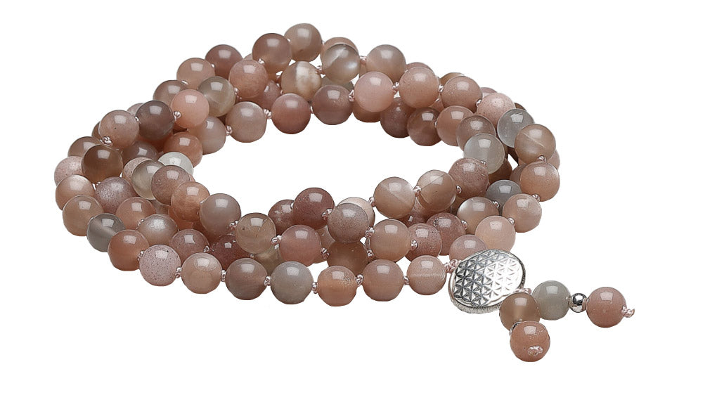 Mala Mondstein rosé, 8 mm, Blume des Lebens 925er Silber - YOGISHOP