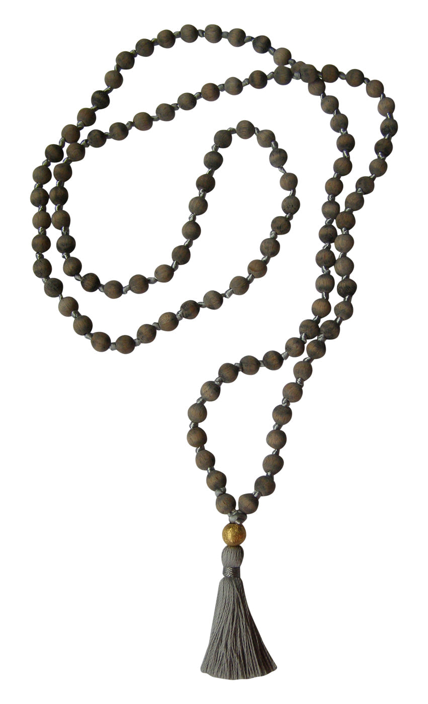 Mala-Kette "Vintage" - Holz Grau, Quaste Silbergrau, Perle Gold - YOGISHOP
