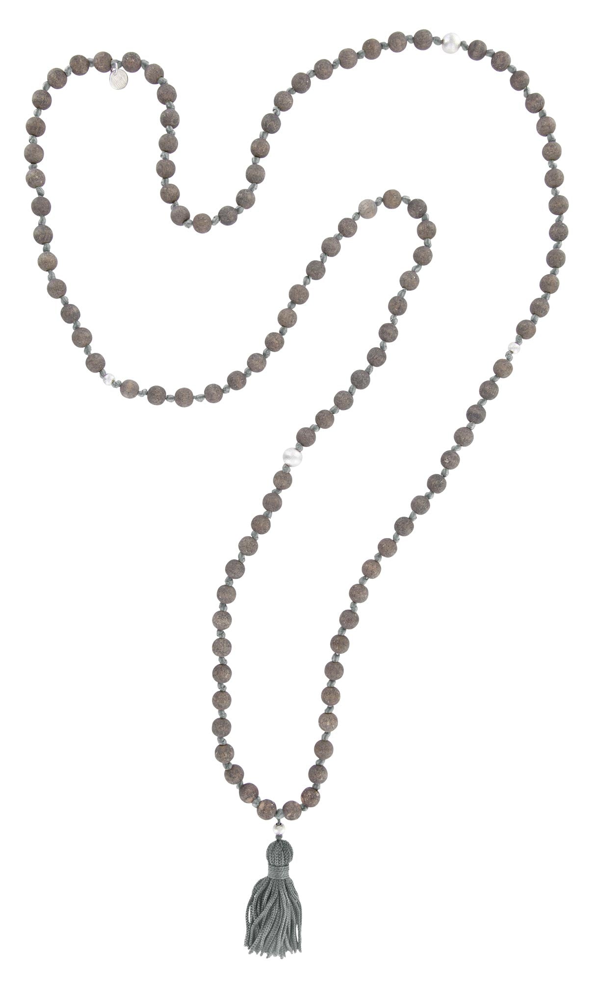Mala-Kette "Vintage" - Holz Grau, Quaste Silbergrau, Perle Silber - YOGISHOP