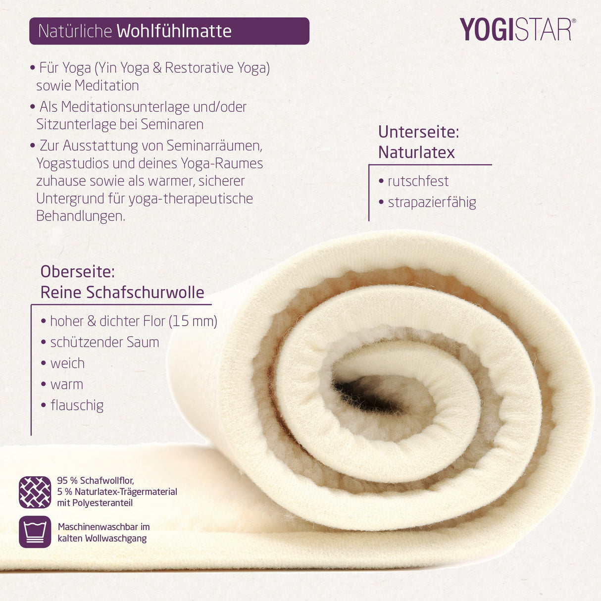 Yogamatte yogimat® natur - Schurwolle - umsäumt - YOGISHOP